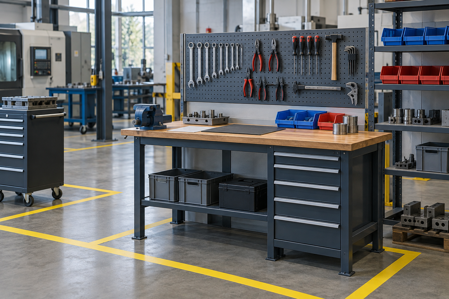 Organized manufacturing workstation with tool board and floor markings