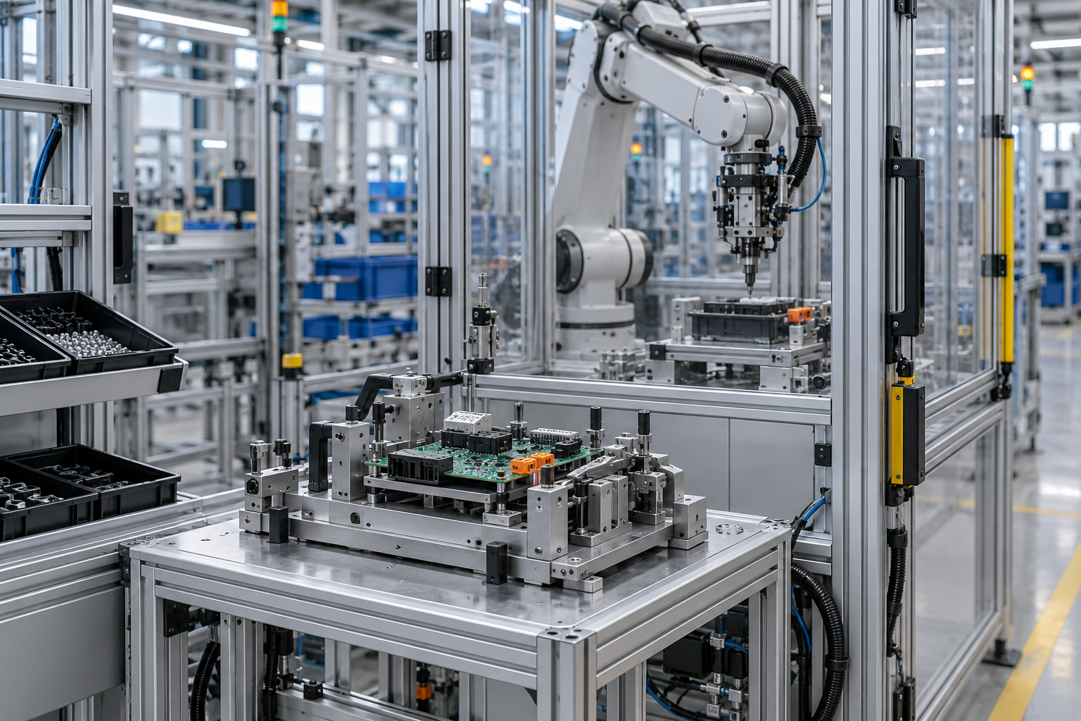 Automotive electronics assembly cell with aluminum frames and transparent guarding