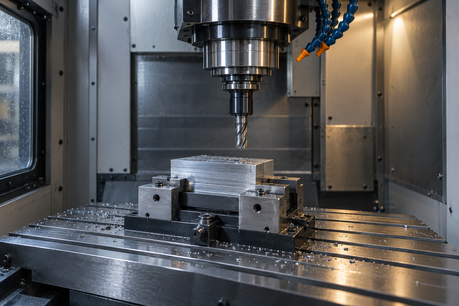 CNC milling machine with a spindle above a clamped workpiece