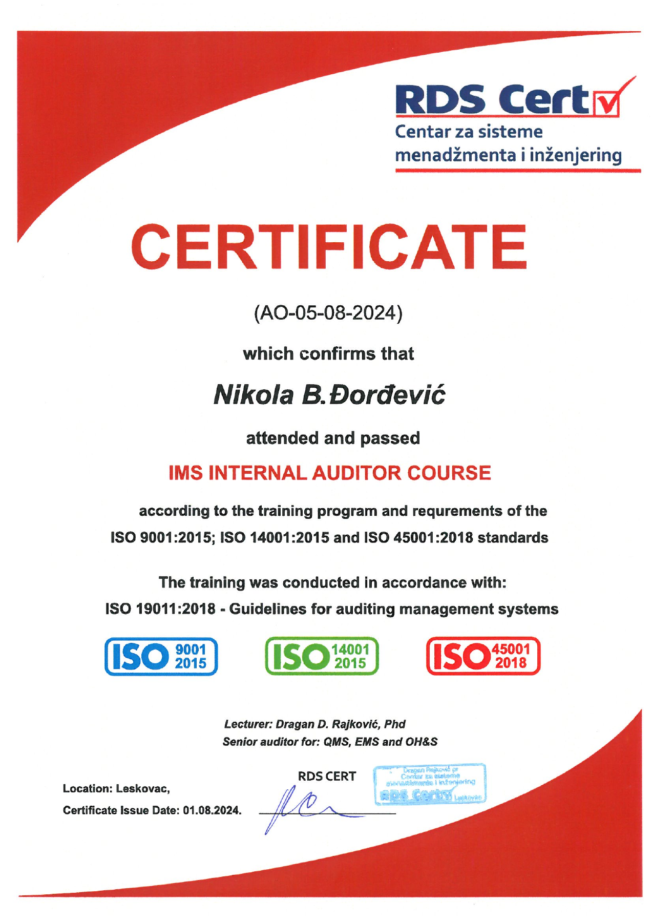 RDS Cert certificate confirming Nikola B. Đorđević passed the IMS Internal Auditor Course