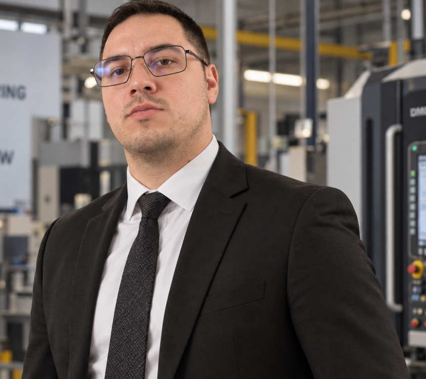 Nikola Đorđević in a black suit in an industrial setting